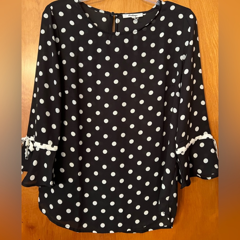 Printemps size medium 3/4 sleeve black and white polka dots blouse